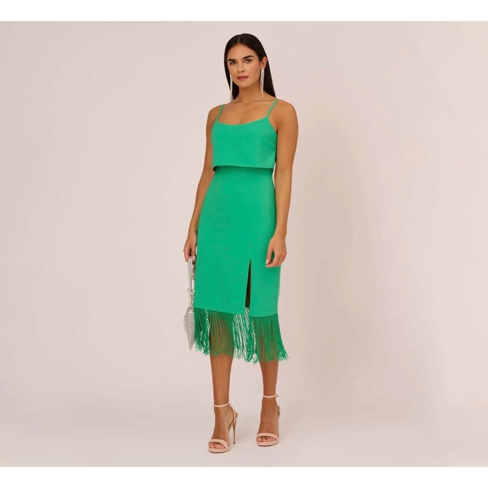NWT Adrianna Papell‎ Green Fringe Hem Midi Dress – Size 2 – $225 Retail